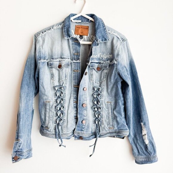True Religion Vintage Embroidered Trucker Jacket w Lacing XS - Picture 1 of 4
